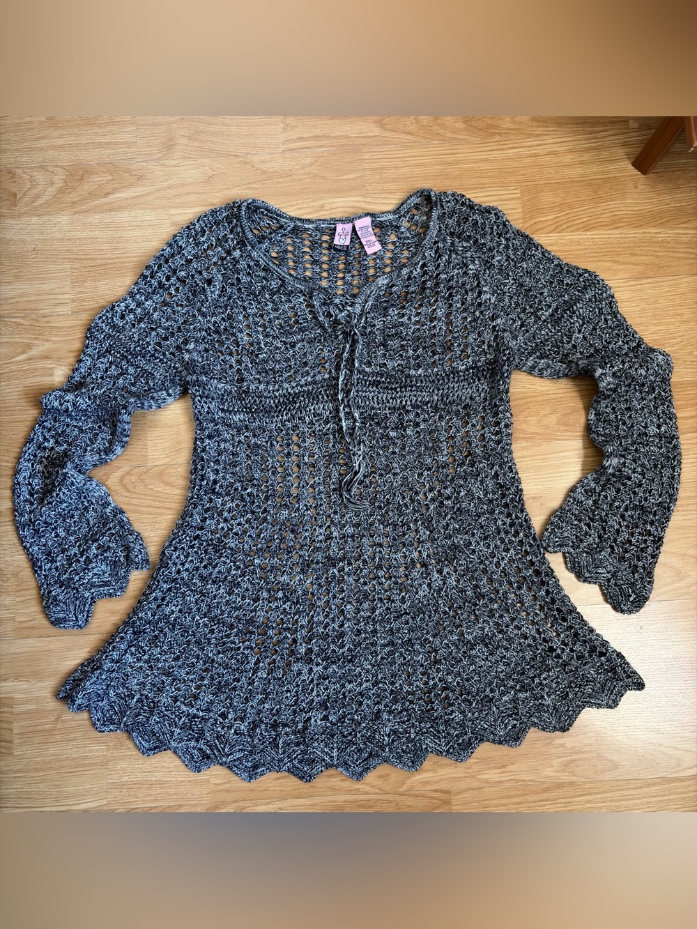 love on a hanger Gray Open-Knit Tie-Front Sweater